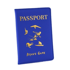 Navy blue PU leather passport holder with gold foil Brave Game athletic pattern