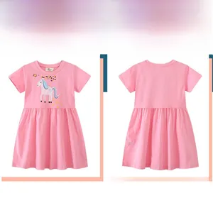 Detailed flat lay of pink unicorn cotton dress showing front and back view details