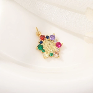 Star-shaped 14K gold pendant featuring a Virgin Mary relief with colorful zircon stones