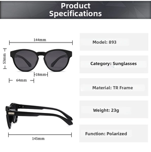 Detailed dimensions and specifications for polarized TR frame sunglasses model 893
