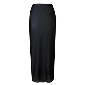 Detail of the elegant high-waisted black satin maxi skirt with a smooth glossy finish