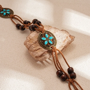 Bohemian braided waist chain belt with wooden beads, turquoise rhinestones and brass accents