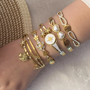 Stainless Steel Bangle Bracelet Gold Plated Rhinestone Tree Of Life Heart Star Flower Starfish Jewelry For Women