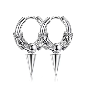 Silver dragon texture stainless steel hoop earrings with punk cone charms for men and women
