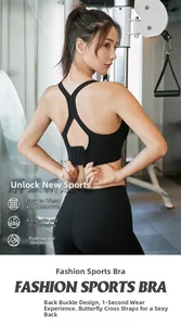 Detail of butterfly cross straps and adjustable back closure on black sports bra