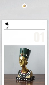 Detailed view of the 25cm high Egyptian Queen Nefertiti bust with gold and green finish