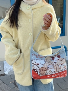 Light blue canvas tote bag with cute cartoon dog illustrations and comfortable shoulder strap