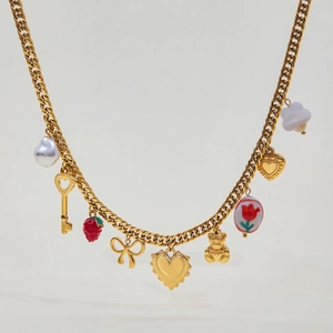 18K gold plated stainless steel necklace with pearl, strawberry, and flower charms