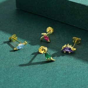 S925 sterling silver dinosaur stud earrings with colorful crystals in gold finish