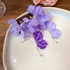 Floral crystal tassel earrings with purple fabric petals and pearls for beach vacation