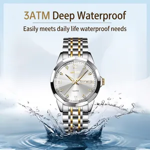 Waterproof business quartz watch for men with silver-gold steel band and day-date display