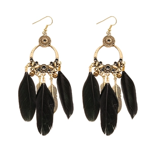 Bohemian gold hollow flower earrings with elegant black feather tassels for women