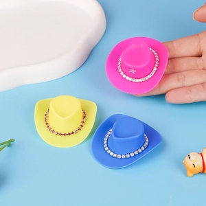 Mini plastic cowboy hats with rhinestones in pink, yellow and blue for doll accessories