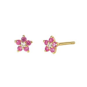 Detail of gold flower earrings with pink crystal petals and a white center stone