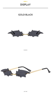 Vues détaillées de lunettes de soleil sans monture en forme de chauve-souris or et noir