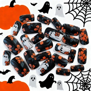 Matte black Halloween press-on nails with orange flowers and ghost patterns, 24 piece set