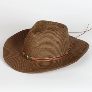 Detail of brown woven straw cowboy hat with leather band and adjustable chin strap