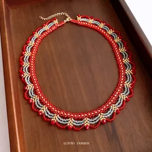 Handmade Woven Glass Bead Necklace Palace Style Retro Wave Edge Sweater Chain For Women Elegant Boho Jewelry Accessory