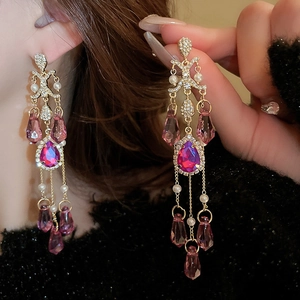 Vintage crystal drop tassel earrings with pink stones and pearls for elegant women