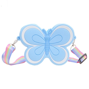 Cute blue butterfly shaped silicone crossbody bag for girls with colorful rainbow strap