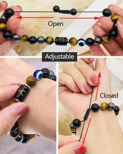 Detail showing tiger eye beads, evil eye charm, and adjustable woven strap with letter A