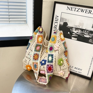 Handmade Crochet Flower Shoulder Bag Women Beach Vacation Woven Hollow Tote 3D Floral Decoration Cotton Yarn