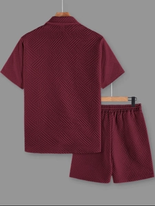 Detailed back view of men's summer short sleeve set showing textured burgundy jacquard knit