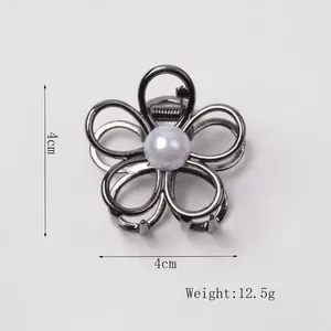 Metallic flower hair claw clip with pearl detail in gunmetal grey finish, 4cm size