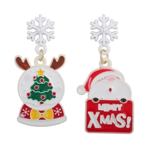 Detail of Christmas earrings featuring enamel Santa Claus and snowflake tree charms