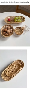 Handwoven rattan storage trays and bowls for fruit or snacks in a rustic home setting