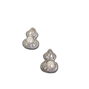 Silver needle hollow gourd stud earrings with zircon and pearl in minimalist design