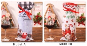 Detailed Christmas wine bottle covers featuring blue dwarf truck and gingerbread house models