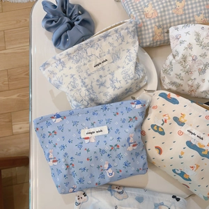 Blue series cartoon cotton makeup bags with cute animal patterns and zipper closure
