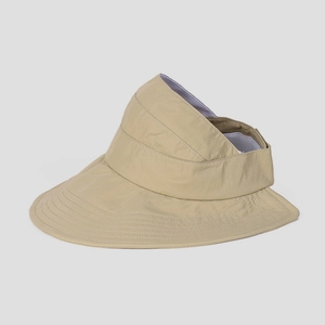 Detail of wide brim beige sun hat with reinforced stitching for UV protection