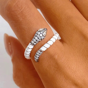 Elegant S925 silver snake ring with white enamel and sparkling cubic zirconia stones