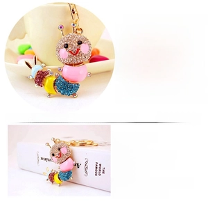 Detailed view of colorful rhinestone caterpillar keychain with 13.5cm total length