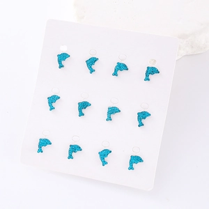 Blue glitter dolphin stud earrings set of 12 pieces displayed on white card for women