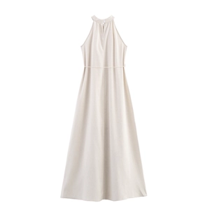 Cremeweißes Neckholder-Midikleid mit Stickerei und Seilgürtel in eleganter A-Linie