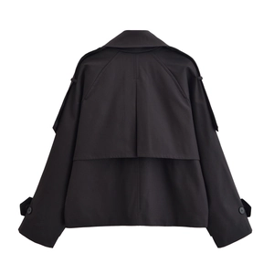 Classic black double-breasted short trench coat with storm flap and epaulettes, back view