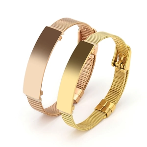 Bracelets couple réglables en maille acier inoxydable or rose et or avec plaque d'identité