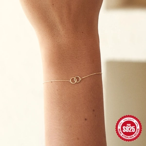 Minimalist S925 sterling silver double interlocking ring bracelet with gold finish