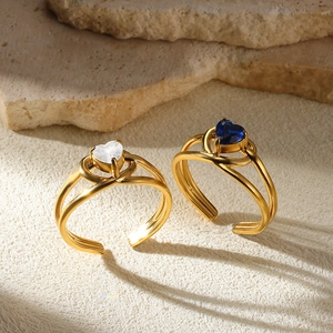 Elegant gold-plated stainless steel open rings with white and blue heart-shaped zircons