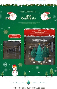 Detail of Christmas tree window stickers with white snowflakes and Happy New Year text