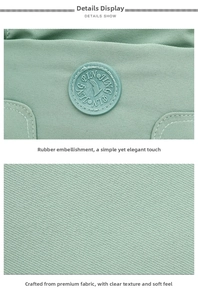 Close-up of water-resistant green oxford fabric and premium rubber logo badge detail