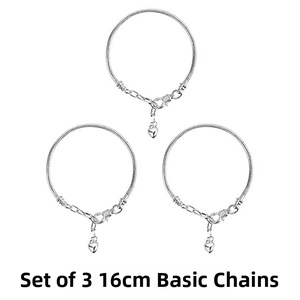 Detailed view of three 16cm silver snake chain bracelets with heart-shaped pendants
