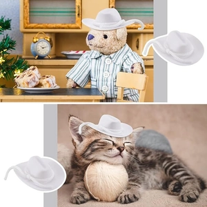 Detailed views of a mini white cowboy hat shown on pets and plush toys for festive parties