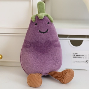 Cute plush eggplant keychain with long corduroy legs and friendly embroidered face