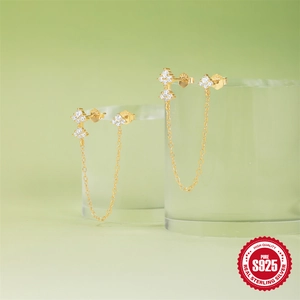 S925 sterling silver tassel drop earrings with sparkling rhinestones in gold plating