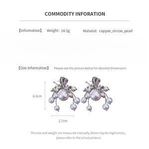 Detail showing pearl heart earrings specifications with copper and zircon material info