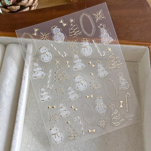 Christmas snowman gold stamping nail stickers with gradient snowflake and tree patterns